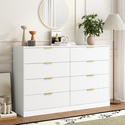 8 Drawer Dresser for Bedroom, Modern Fluted Double Dresser, 55" Wide Chest of Dressers, Wooden Beside Table for Closet, Living Room and Entryway, Whit