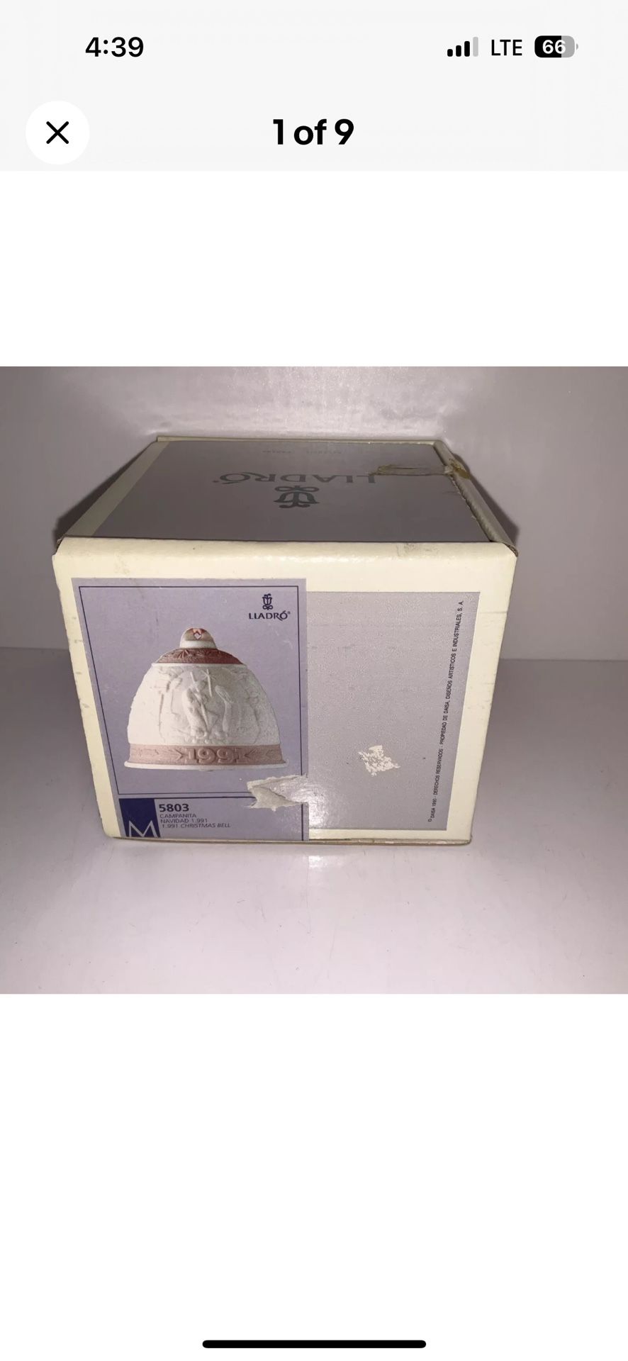 Vintage LLADRO 1991 Bisque Christmas Bell Ornament No. 5803
