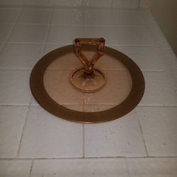 Gold Colored Glass  With Ornate Gold Leaf 1inch Width Around The Plate. 10in Plate With A 5 In Stem/handle Candy Dish