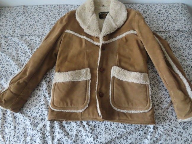 Vintage S 70s Sears Western Outdoor Wear Suede Sherpa Lined Leather Jacket Coat