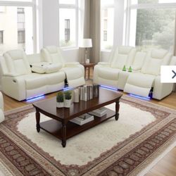 Power Electric White Leather Fully Reclining Couch Set 