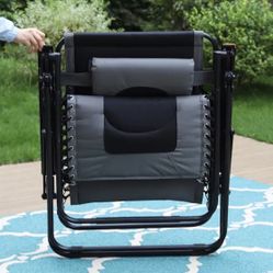 Phi Villa Black and Grey Metal Oversized Padded Folding Zero Gravity Chair Reclinable