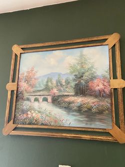 Framed Oil Painting Landscape with Bridge