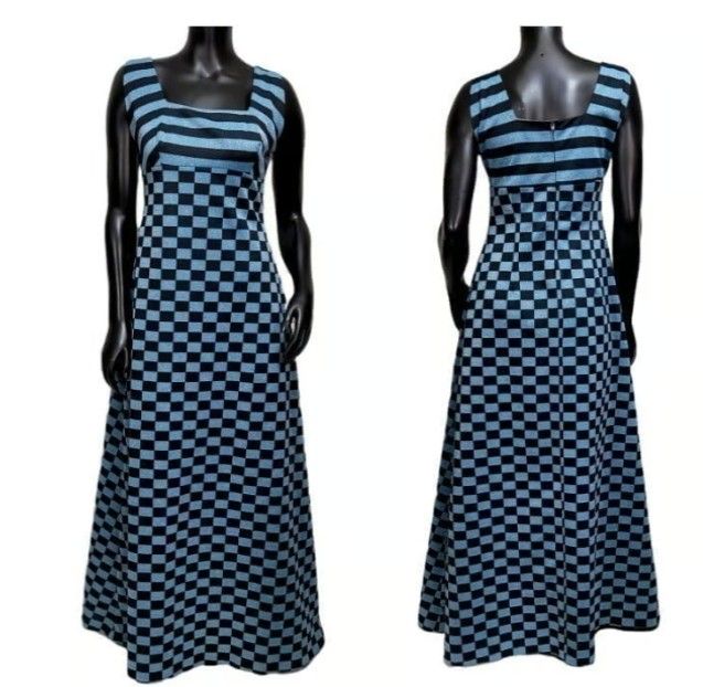 Vintage 70s Uschi Modell Size 42 Blue Black Checker Empire Waist Mod Maxi Dress