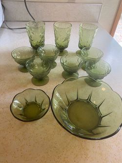 MCM Retro Blown Green Glass Set - bowls and glasses