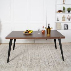 Homy Casa Stan 63" Dining Table with Wood Grain Top and Black Metal Legs, Dark Brown,Open Box