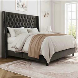 Queen Bed Frame with 55" Tall Headboard, Upholstered Bed Frames, Soft Fabric, Button Tufted Headboar