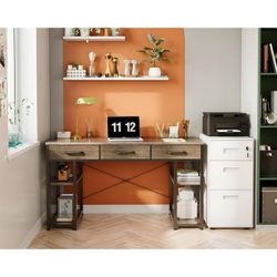 New 48”Office Computer Desk: Home Table with Fabric Drawers & Storage Shelves, Modern Writing Desk, Grey Oak,  New in box B011401 *  * 👉【Large Storag