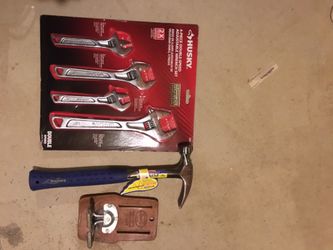 Tools!! Lots of 3!! Husky 4 pc adj wrench set, Estwing 16oz nail hammer and a Nicholas pure leather belt tool hook up!