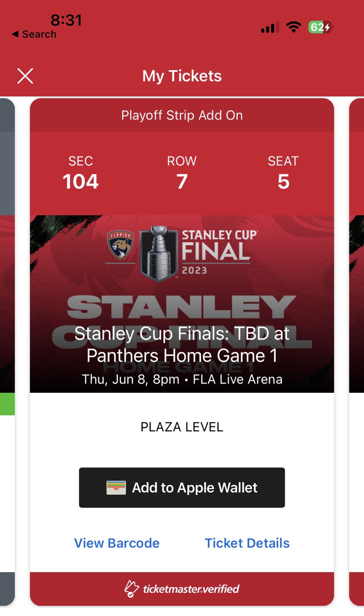 Stanley Cup Game 3 2 Tickets  Lower Level