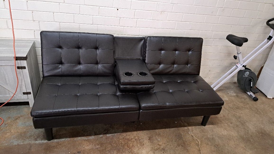 New Futon Sofa With Cup Holders Faux Leather Brown Dimensions Pictures