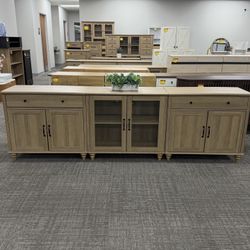 Sideboard Cabinet with 2 Glass Door, 4 Wood Doors and 2 Drawers, Vintage Wood Grain Design, Buffet Cabinet with Storage, Coffee Bar for Din