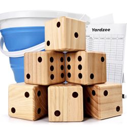 ropoda 3.5" Giant Wooden Yard Dice Set for Outdoor Fun, Barbeque, Party Events, Backyard Games, Lawn Games Includes 6 Dice, Collapsible Bucket, Score 