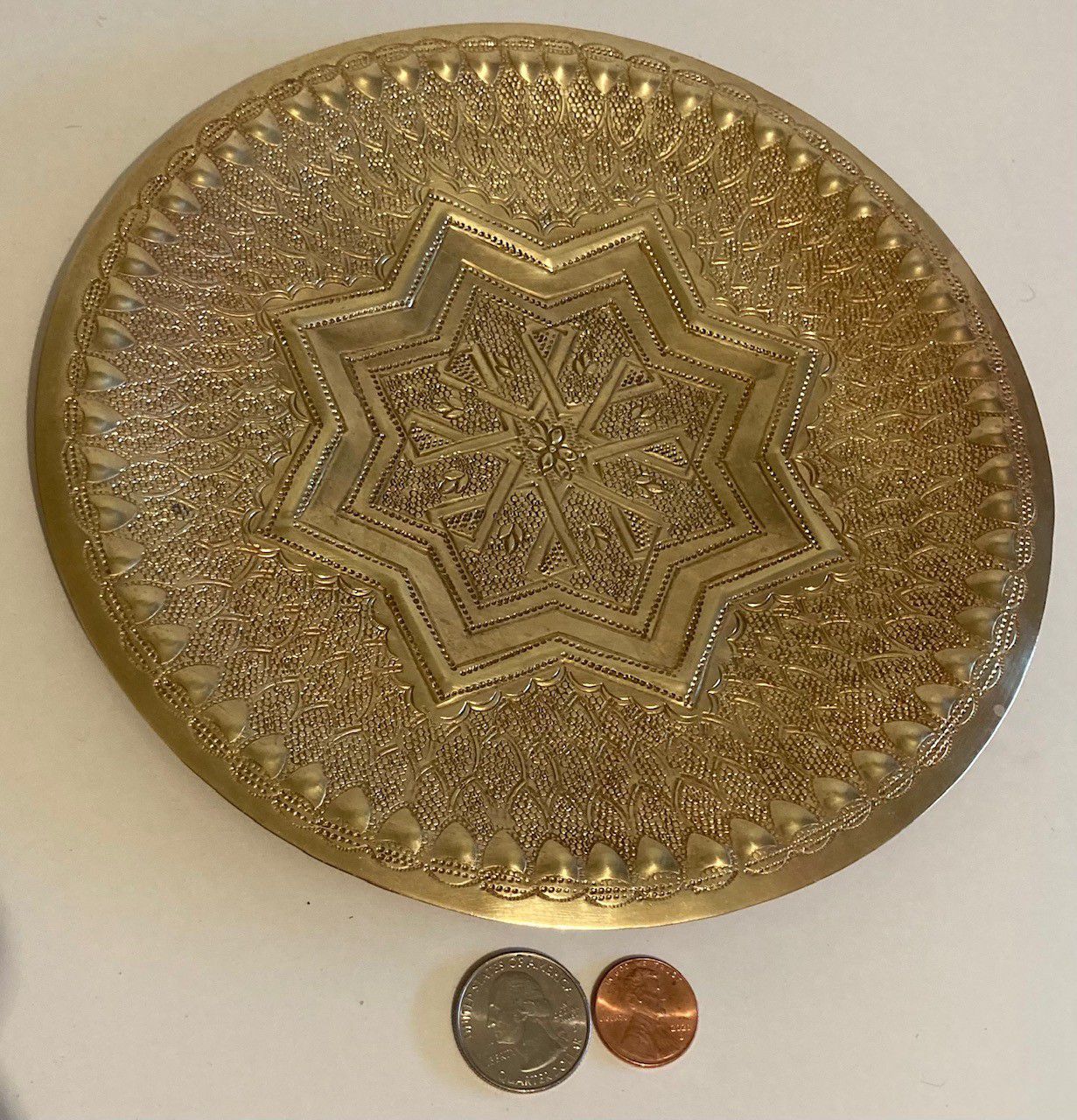 Vintage Metal Brass Plate, Wall Hanging, Religious, Intricate Design, 8" Wide, Wall Decor, Table Display, Shelf Display