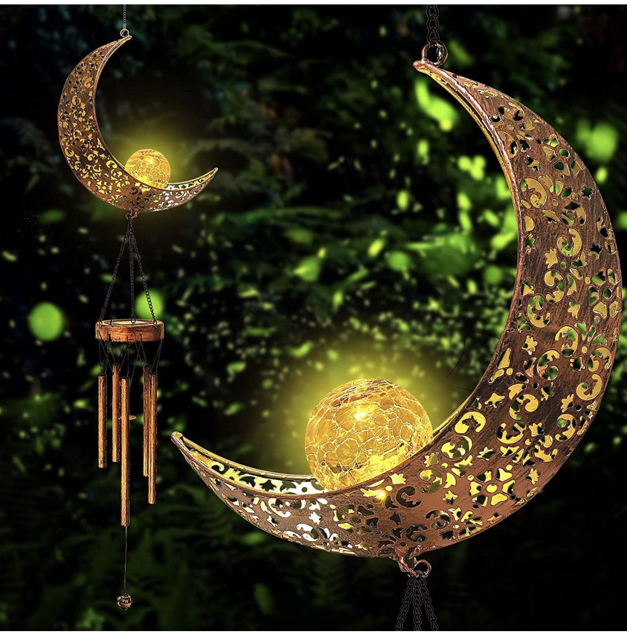 Solar Wind Chimes Outdoor Light - Hanging Moon Crackle Glass Ball Warm LED Waterproof Memorial Wind Chimes with Metal Tubes, Unique Sympathy Gift for 