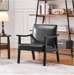 PU Leather Accent Chair, Mid-Century Modern Armchair with Solid Wood Legs, Reading Leisure Chair