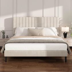 King Bed Frame with Vertical Channel Tufted Headboard Beige Upholstered Platform Bed, No Box Spring Needed, Noise-Free, Strong Wooden Slat, Durable Me