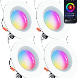 Retro Fit Smart Recessed Ceiling Light 5/6 inch, 15W LED(Equivalent 100W) RGB Control Compatible w Alexa Google APP 2700K - 6500K 5/6inch - 4 Pack