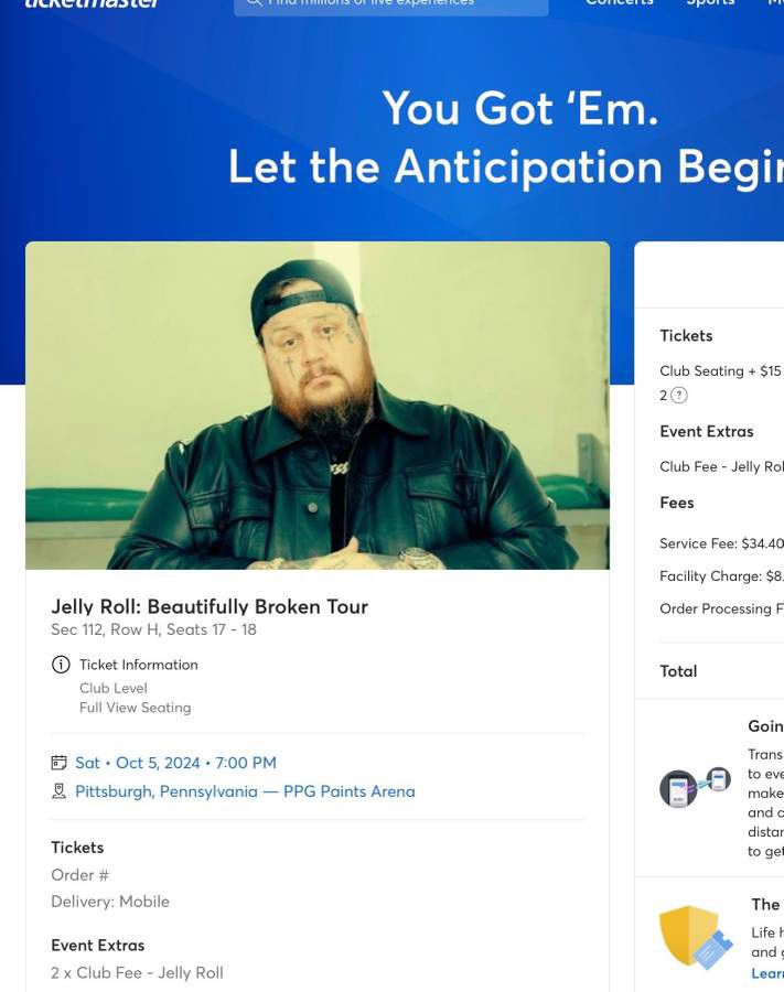 2 Tickets W/Club Access- Jelly Roll: Beautifully Broken Tour Oct 5  PPG Arena