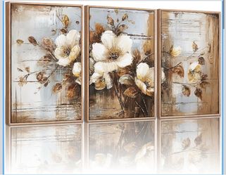 New 16x24” Framed Dark Floral Canvas Wall Art Set of 3, Neutral Fall Plant Vintage Moody Flowers