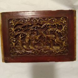 ANTIQUE ASIAN HAND CARVED WOODEN PANEL 