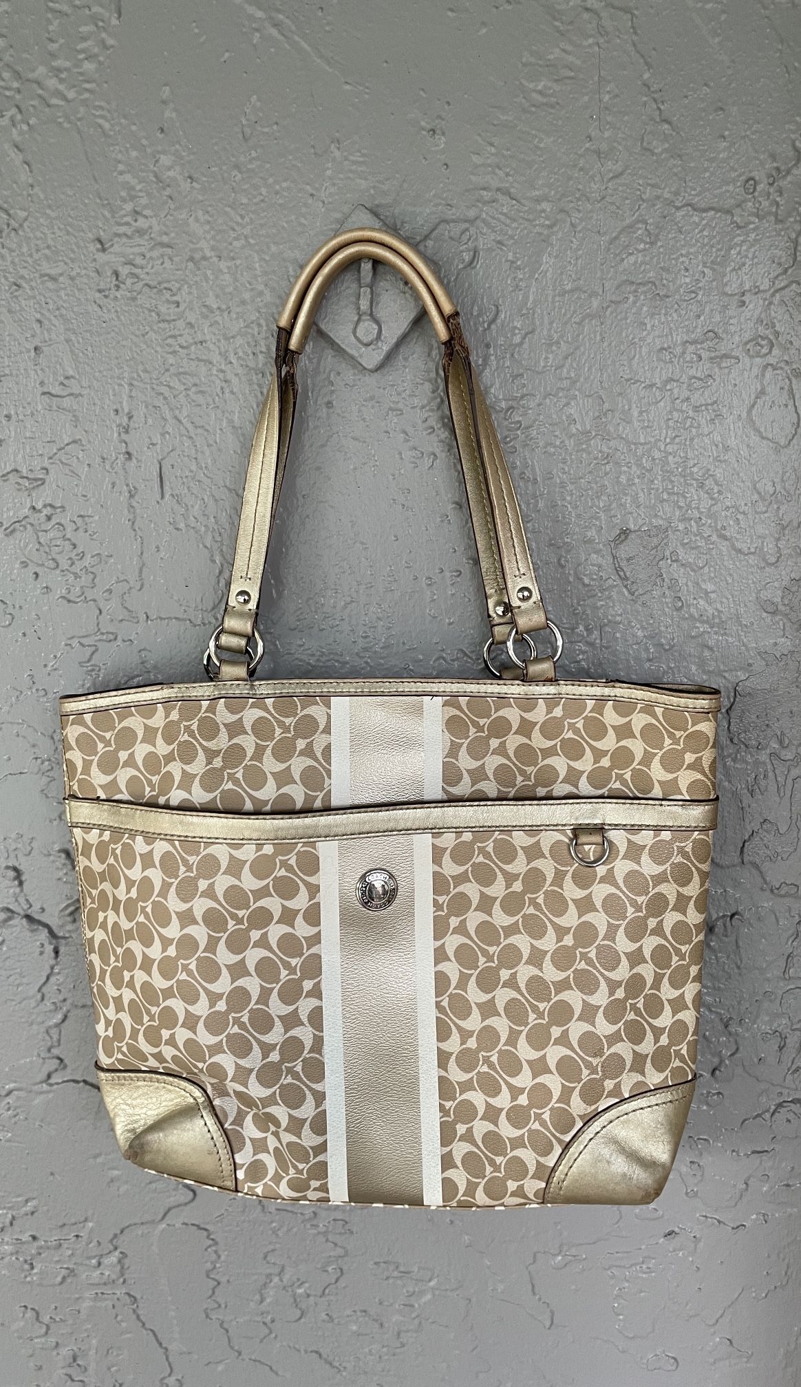 Coach Chelsea Heritage Stripe Signature Tote Bag Purse Gold White