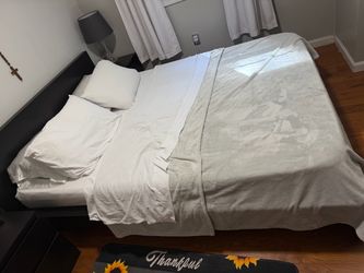 IKEA  Queen Dark Brown  low profile Platform Bed Frame, 2 night tables and 2 lamps