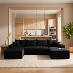 133" U-Shaped Modular Sectional Sofa, Boneless Couch, Black  Cloud Luxury Comfort, Couches for Living Room, Storage & Cupholder, Oversized Corduroy So