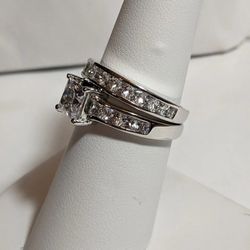 Sterling Silver Clear Square-Cut Cubic Zirconia Ring Set  Sizable - Size 7 Pick Up Only Or Best Offer Pics Up 