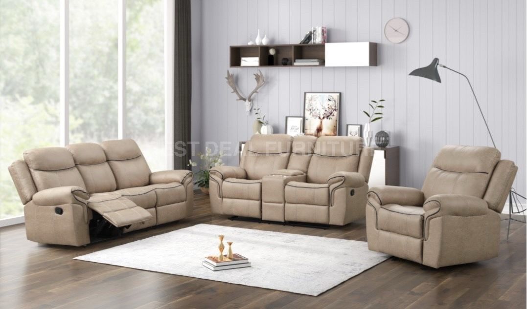 Beige Manual Reclining Couch Set