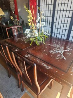 Gorgeous Vintage Chinese Rosewood Dining Set with Mother of Pearl Inlay and 8 Chairs