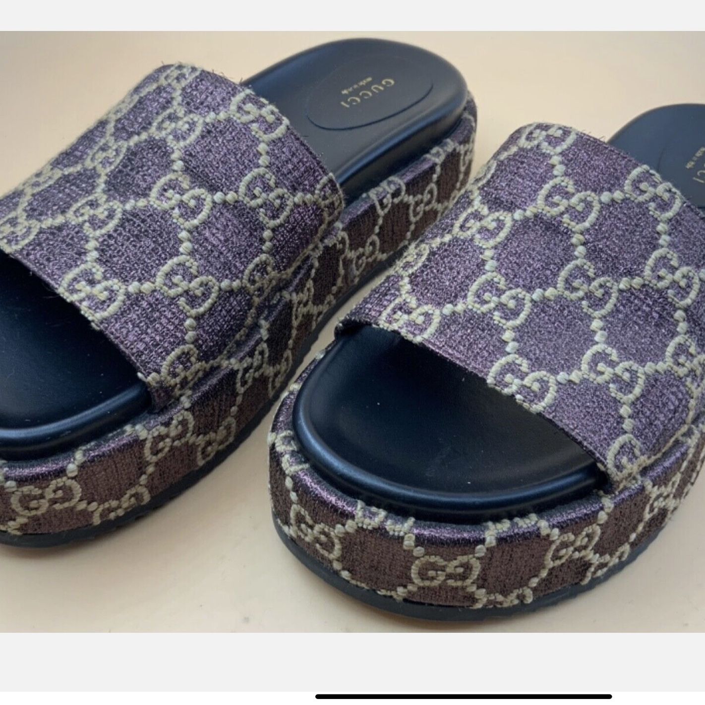 Gucci Lame Heritage Brown GG Monogram Wedge Sandals Size 39 1/2 Platform Sport 9