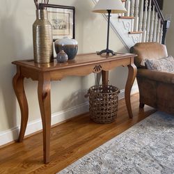 Solid Pine Wood Console /Sofa Table/ Desk, Beautiful Accent Piece, Scalloped Design, Curved Legs, Stepped Profile On Table Top, 47” W x 18” D x 29” H