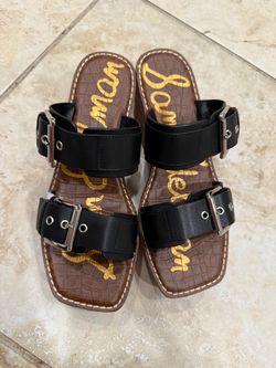 Sam Edelman Black Double-Buckle Slide Sandals with Brown Footbed size 7 1/2 7.5