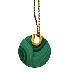 Ann Taylor Gold Necklace Green Malachite Round Pendant; 18” Length 