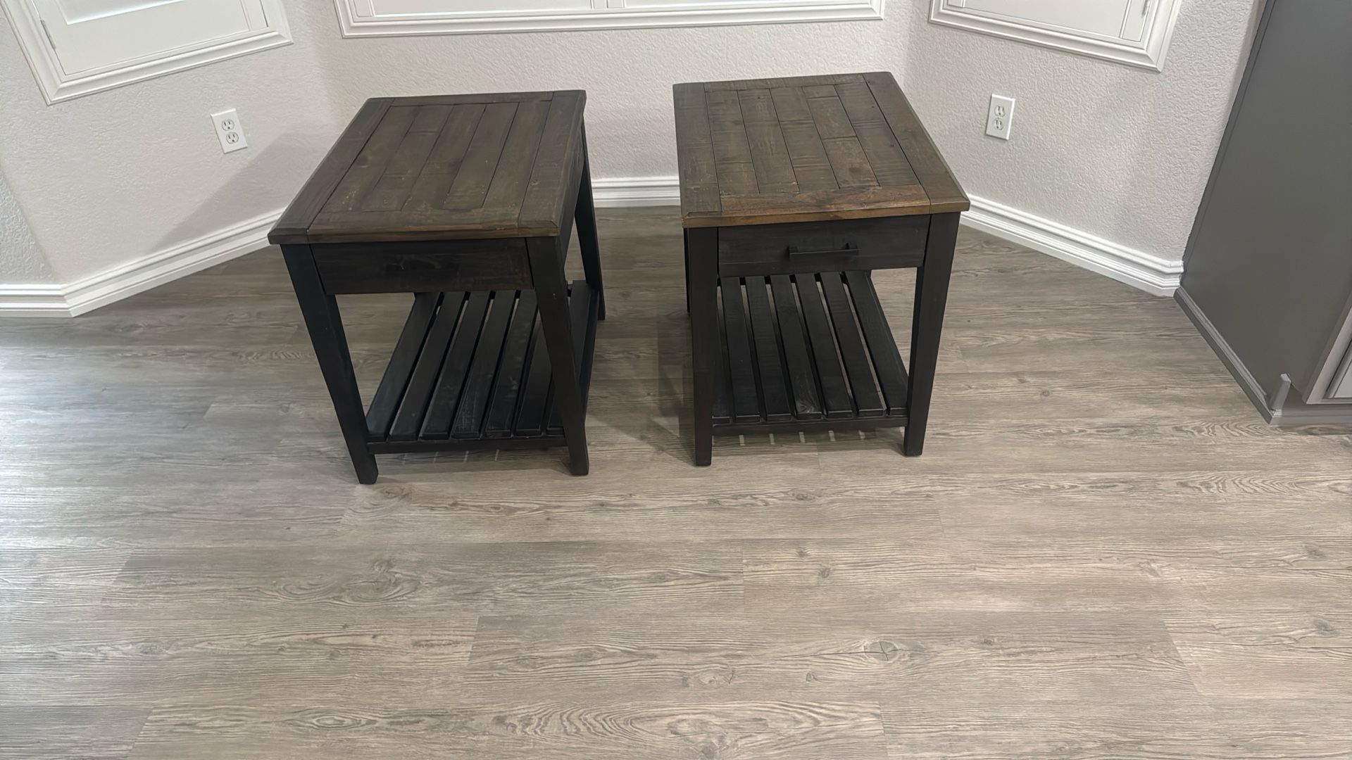 Pair of Wooden End Tables with Drawers & Shelf – Matching Set