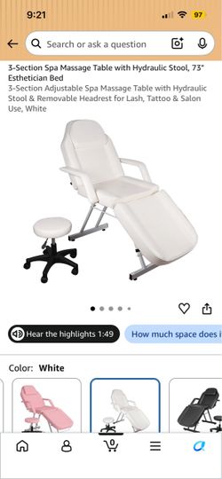 3-Section Adjustable Spa Massage Table with Hydraulic Stool & Removable Headrest for Lash, Tattoo & Salon Use, White