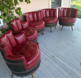 RARE Set of 5 Vintage MCM Red Naugahyde Swivel Whiskey Barrel Chairs