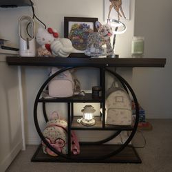 3-Tier Industrial Entryway Table with Semicircular Metal Frame, Open Shelf Console Sofa Table for Living Room, Hallway, Foyer Storage Accent Table