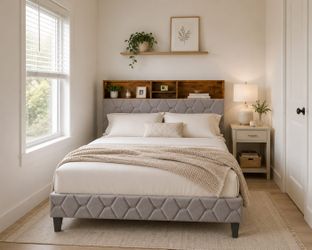 Queen Bed Frame Upholstered Platform Mattress Foundation with Storage Headboard