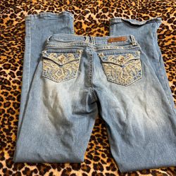 Denim high rise flare jeans with rhinestones Small