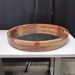 Round Wood and Mirror Decorative Tray with Handles