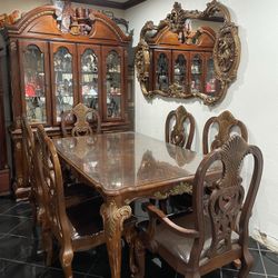 Antique Styled Wooden China Cabinet, Dining Set, And Mirror