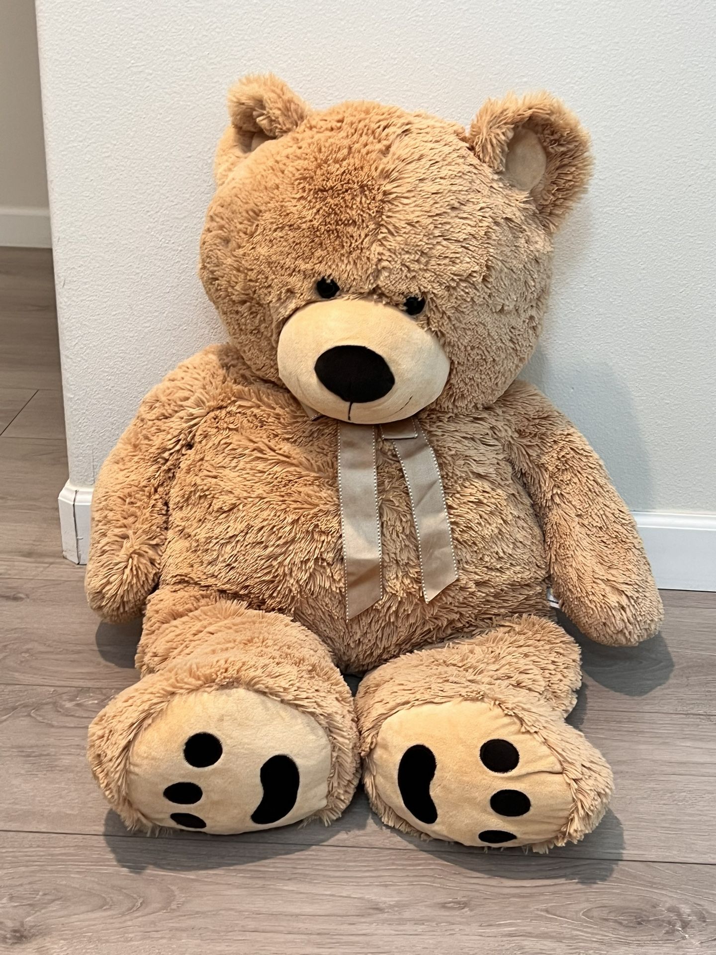 Huge Teddy Bear - Standing 38 Inches, Tan, Fluffy Faux Fur, Ribbon & Bow Signature Footprints- Huggable & Lovable Joy