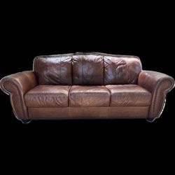 Classic Brown Leather Couch With Nailed Trim - Rolled Arm 3-seater Sofa