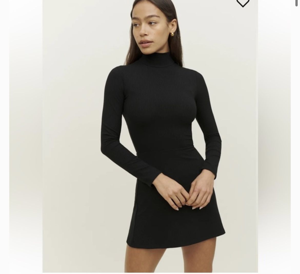 Reformation maya black ribbed mock neck long sleeve skater mini