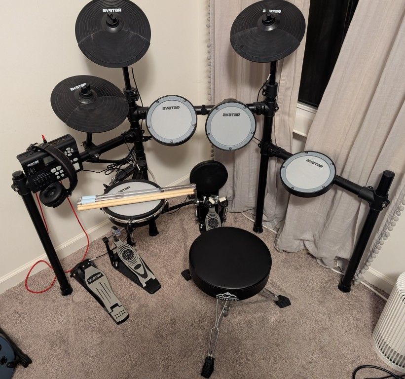 Electronic Drum Set, Seat, Headphones, Drum Sticks, and Dual Bass Drum Pedal