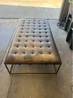 Four Hands Oxford Tufted Leather Coffee Table / Bench – Antique Brass Frame – Retail $2,700