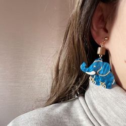 Niche Retro Forest Tassel Exquisite Blue Elephant Cartoon New Cute Summer Fantasy Elephant Earrings Female