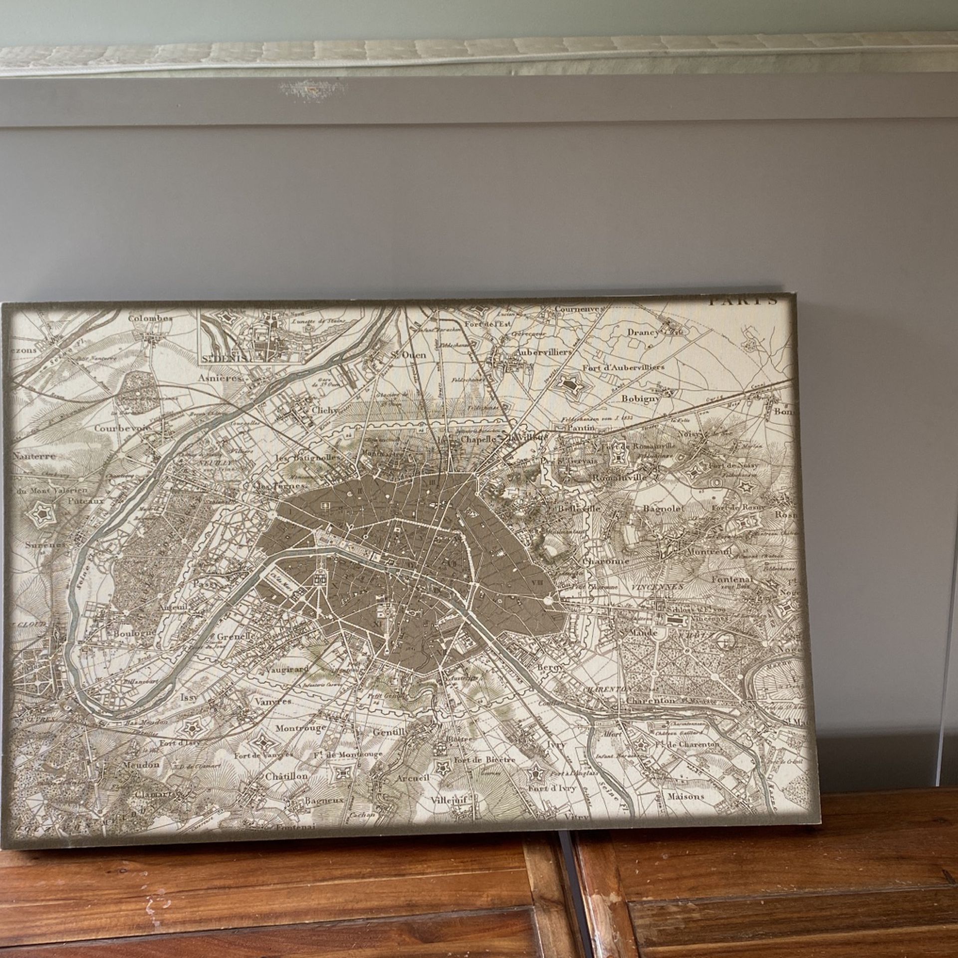 Wall Art Canvas Map Of Paris Antique Aged Look